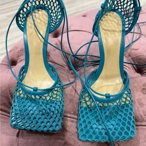 Bottega Women's Blue Mesh Lace-Up Heels